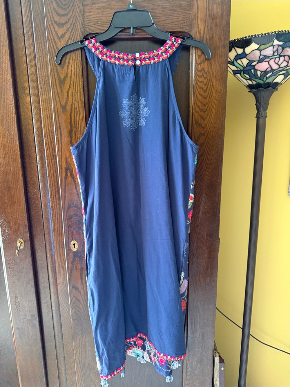 Navy Floral Embroidered Halter 100% Cotton Resort Style Dress - Picture 5 of 12